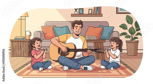 Father playing guitar with two daughters singing happily.