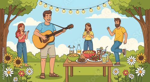 Friends enjoying a summer picnic party outdoors.