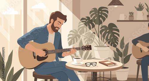 Man playing acoustic guitar in a cozy cafe setting.
