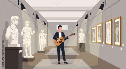 Man Playing Guitar in Art Gallery.