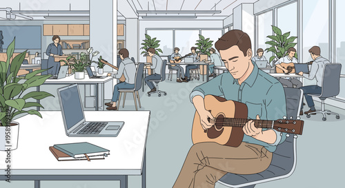 Man playing guitar in a modern office setting.