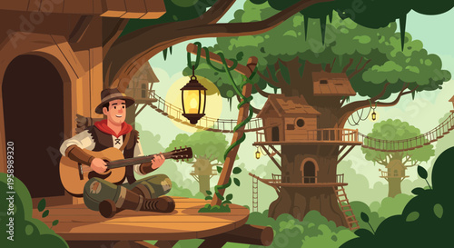 Man playing guitar in a treehouse setting.
