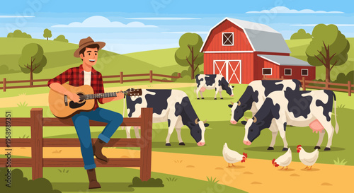 Man playing guitar on a farm with cows.