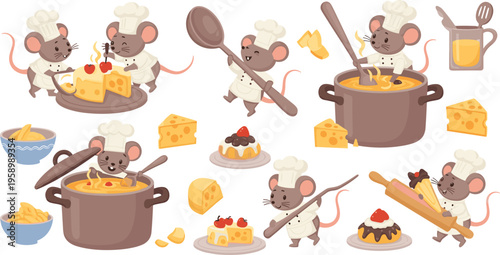 Cute mice chefs cooking cheese dishes set with kitchen scenes and recipes, funny cartoon animals flat vector illustration collection for food design