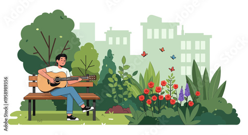 Man playing guitar on a park bench surrounded by nature.