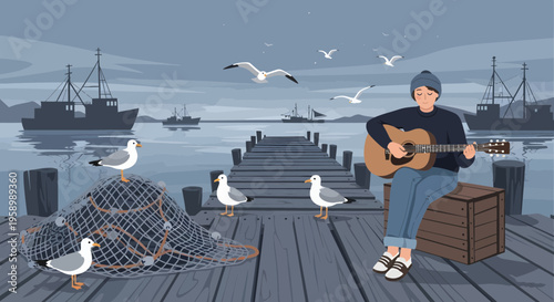 Man playing guitar on a pier with seagulls.