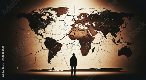 A man stands in front of a cracked world map, symbolizing global challenges and exploration.