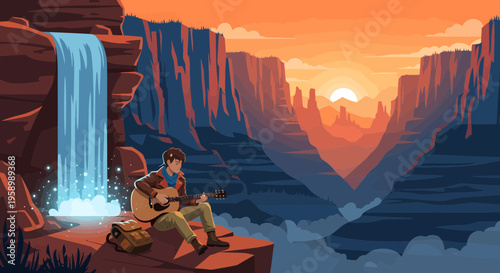 Man playing guitar on cliff edge overlooking canyon.
