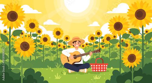 Man playing guitar in sunflower field.