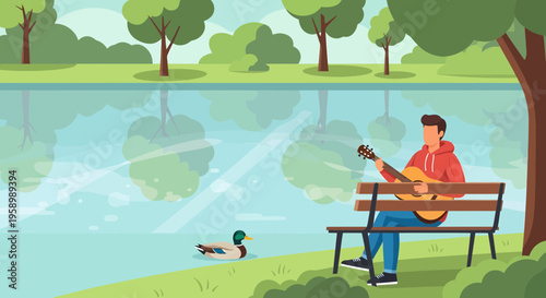 Man playing guitar on park bench by lake.