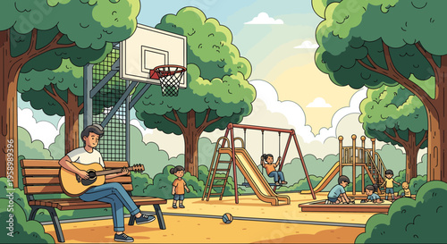 Man playing guitar on park bench surrounded by children.