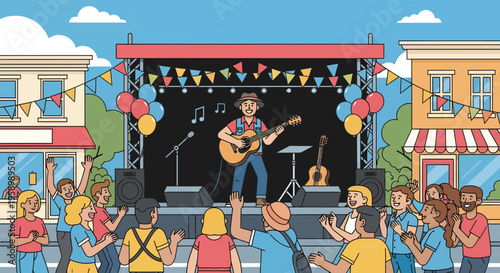 Musician Playing Guitar on Outdoor Stage with Audience.