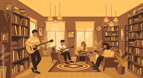Musicians playing guitars in a cozy library setting.
