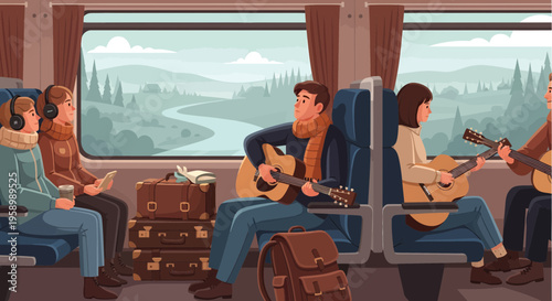 People playing guitars on a train journey.