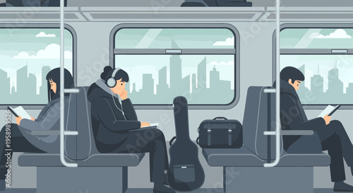 People traveling on a train listening to music and reading.