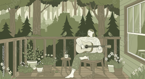 Person playing guitar on a porch surrounded by nature.