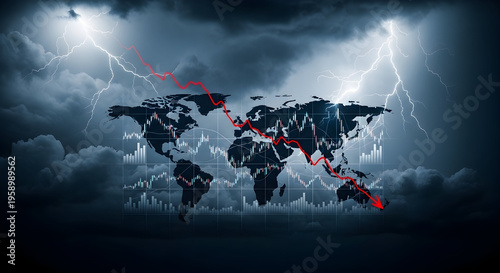 Dramatic Economic Downturn Visualization: World Map Embedded in Stormy Clouds with Lightning and a Declining Financial Graph Emphasizing Global