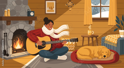 Woman playing guitar with dog sleeping peacefully.