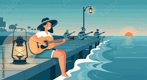 Woman playing guitar on pier at sunset.