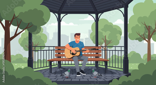 Young man playing acoustic guitar in park gazebo.