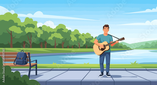 Young man playing acoustic guitar outdoors by a lake.