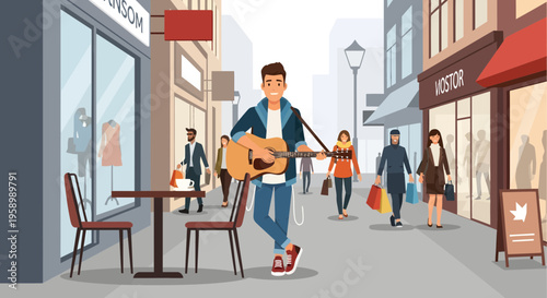 Young man playing acoustic guitar on street.