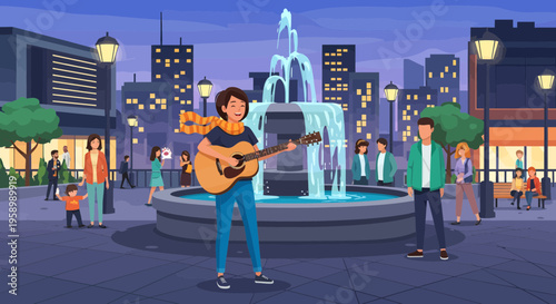 Young man playing guitar in city square.