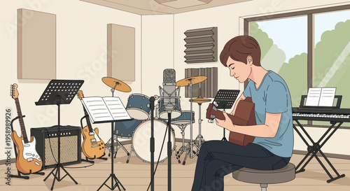 Young Man Playing Guitar in Music Studio.