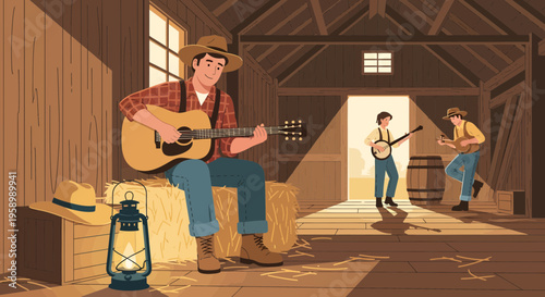 Young man playing guitar in rustic barn setting.