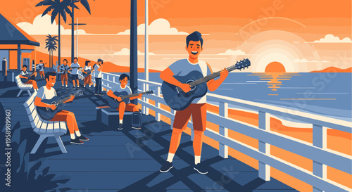 Young man playing guitar on a sunny beach boardwalk.