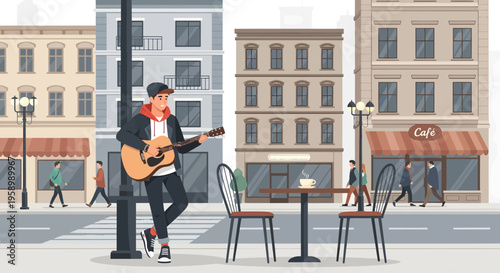 Young man playing guitar on city street.