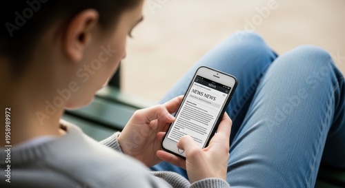 A woman sitting comfortably outdoors reading on her smartphone