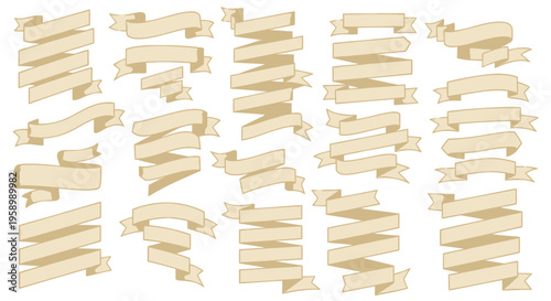 Set of Vintage Beige Ribbons and Banners for Design, Isolated on White Background