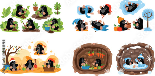 Cute mole seasonal activities set with gardening harvesting and winter scenes, cartoon underground animal flat vector illustration collection for kids design