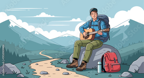 Young man playing guitar on mountain hike.