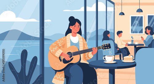 Young woman playing acoustic guitar in a cafe.