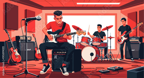 Young rock band rehearsing in a studio.