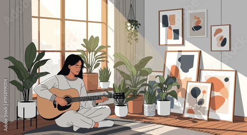 Young woman playing acoustic guitar in a sunlit room.