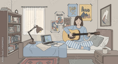 Young woman playing acoustic guitar in her bedroom.