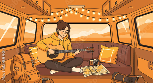 Young woman playing acoustic guitar inside a camper van.