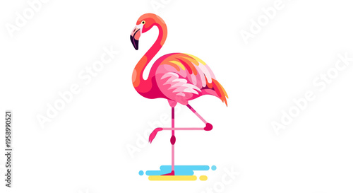 Vibrant Pink Flamingo Standing on One Leg Gracefully.