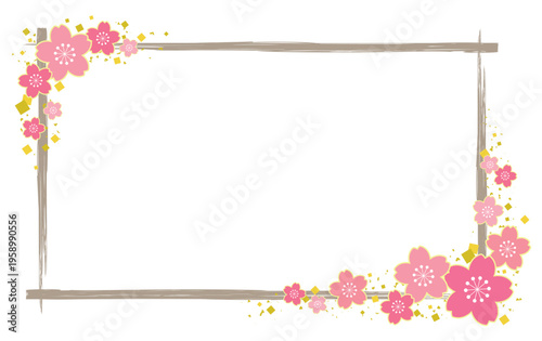 春の桜と四角の手書き薄茶色筆ラインの上品なフレーム グリーティングカード