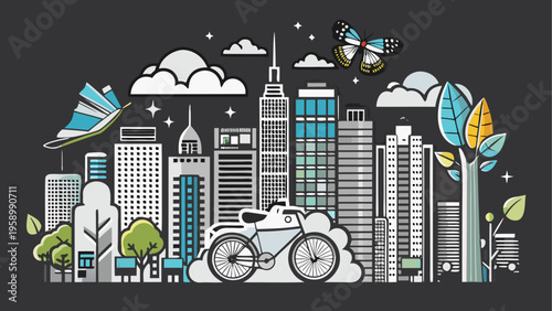 Cityscape, urban landscape, eco friendly, bicycle, vector illustration