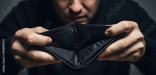 Desperate Financial Situation: A Man Holds an Empty Wallet, Reflecting Economic Struggles and the Weight of Financial Hardship in Modern Life