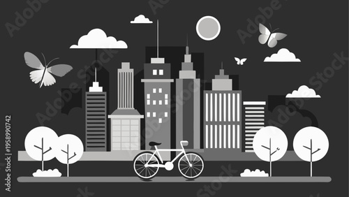 Cityscape, urban landscape, grayscale illustration, city skyline, modern town