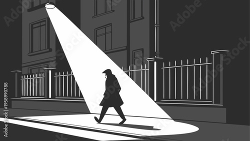 City Surveillance, Nighttime Stalker, Spotlighted Silhouette, Urban Shadows