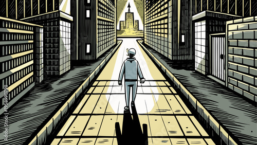 Futuristic prison interior, sci-fi corridor, gray and yellow illustration, vector jail scene