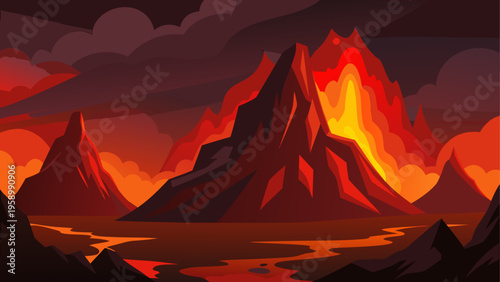 Volcanic landscape, fiery mountains, burning lava, dramatic sky, apocalyptic scenery