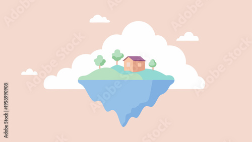 Floating island, cartoon landscape, whimsical scenery, fantasy world