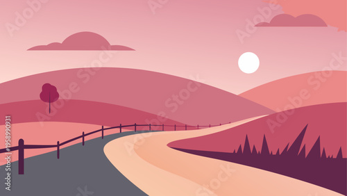 Vector landscape illustration, pink sunset road, countryside scenery, rural hills